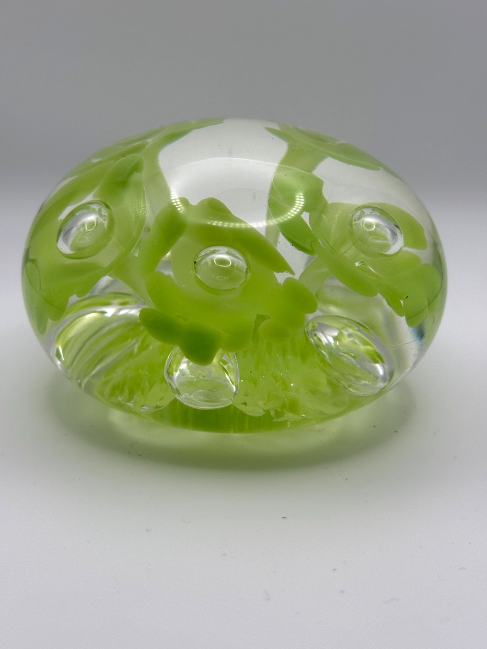 Joe Rice Glass Paperweight Controlled Bubble Green Trumpet Flower 4" Vintage
